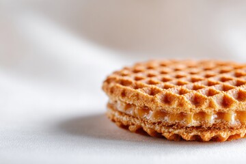 Close up of a Dutch stroopwafel cookie with caramel filling on a soft white satin fabric background with soft lighting