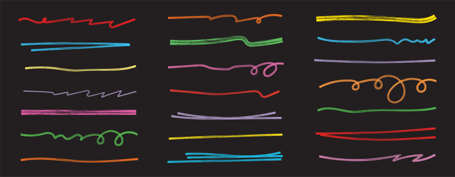 Set of colorful Chalk lines, Hand drawn vector Pencil underlines. crayon drawn lines illustrator brush stroke set. Zigzag Hand drawn brush stroke elements.