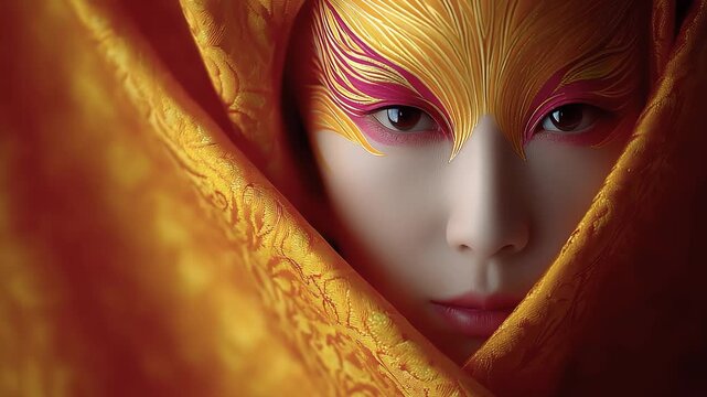 Close-up of a woman's face in Tang Dynasty makeup, mysterious and gorgeous