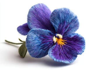 Close Up Of A Glittering Blue And Purple Pansy Flower With Green Stem On White Background