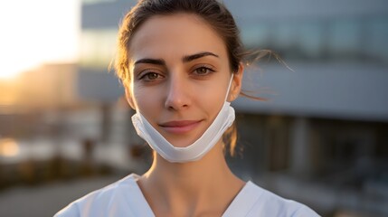 A portrait of a female healthcare worker with a medical mask lowered bathed in warm sunrise light looking calmly at the viewer