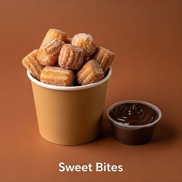 Cinnamon sugar churro bites in a cup with chocolate dip. A warm brown background with "Sweet Bites" in white at the bottom.
