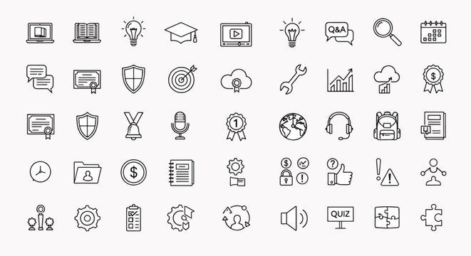 Collection of Education Business Technology and Science Icons symbolizing learning growth ideas and success