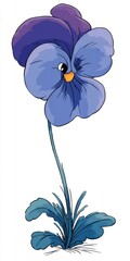 Close Up Of A Single Blue And Purple Pansy Flower With A Cartoon Face Isolated On White