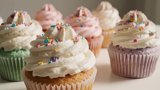Delicious frosted cupcakes with colorful sprinkles, a sweet treat for any celebration.