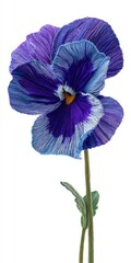 Close up of a vibrant blue and purple pansy flower with a textured petal surface and green stem against a white background