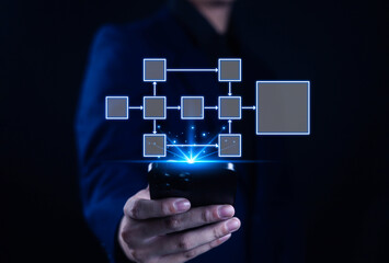 Businessman planning work, office concept hierarchical workflow process, flowchart layout, business information technology project