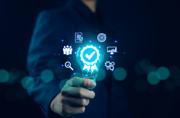 Businessman holding quality certification mark, audit, business, assurance, control, digital, service, complete, assessment, checklist, data with quality icon.