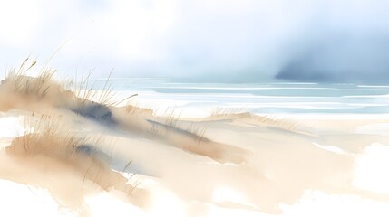 Serene coastal watercolor illustration captures tranquil dunes meeting a distant turquoise sea
