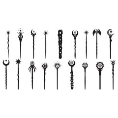 agic Wand Silhouettes for Wizardry, Sorcery, and Mystical vector