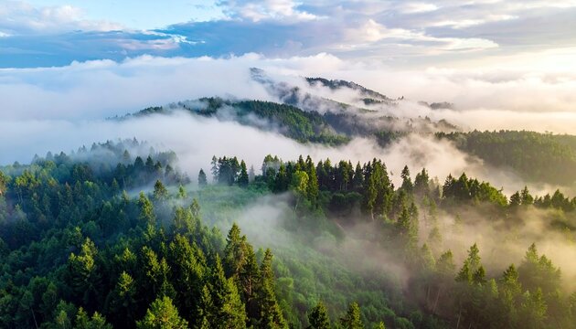 Misty forest landscape with rolling hills and clouds at sunrise, showcasing lush green trees and a soft, ethereal atmosphere.