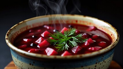 Hot traditional beet borscht soup with chunks of vegetables and fresh dill in a rustic ceramic bowl