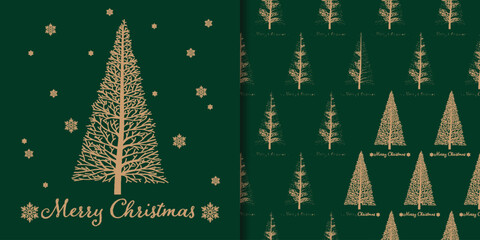Christmas holiday banner and seamless pattern of minimal gold Christmas tree with snowflakes and Merry Christmas text on deep green background. For a cozy winter holidays season.