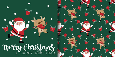 Christmas holidays banner and seamless pattern of cute reindeer wearing scarf and Santa Claus with red gift box and Merry Christmas text on dark green background with snowflakes.