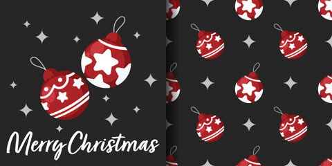 Christmas holiday banner and seamless pattern of red Christmas balls with stars pattern and Merry Christmas text on black background.