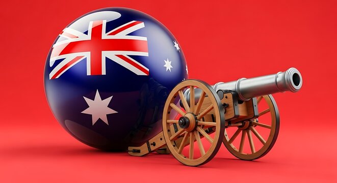 A cannon and a ball with the flag of australia isolated on red background for celebration - Powered by Adobe