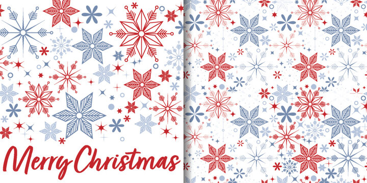 Christmas holiday banner and seamless pattern of cute snowman wearing red scarf and Santa hat on light gray background with Holly berries and snowflakes.