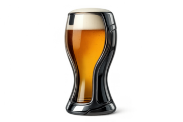 Futuristic beer glass holding a golden pilsner lager, showing rich foam and sleek modern design. Transparent background