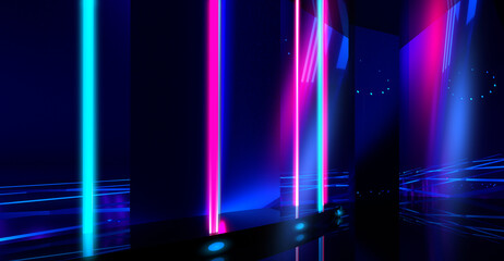 Dark abstract background. Neon glow background, laser in an empty room.