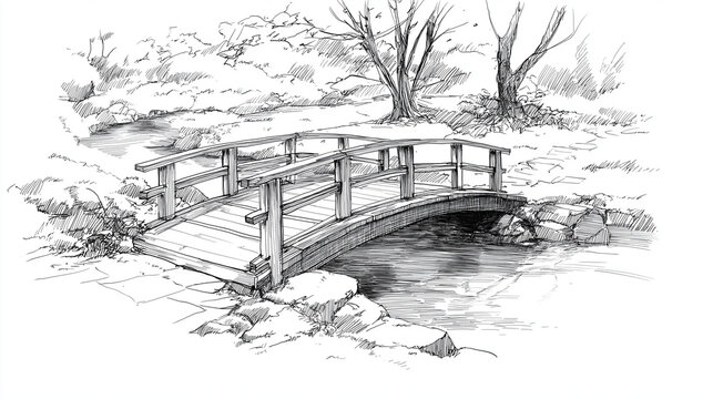 pencil sketch of a small bridge over a pond in a park, simple hand-drawn lines, white background