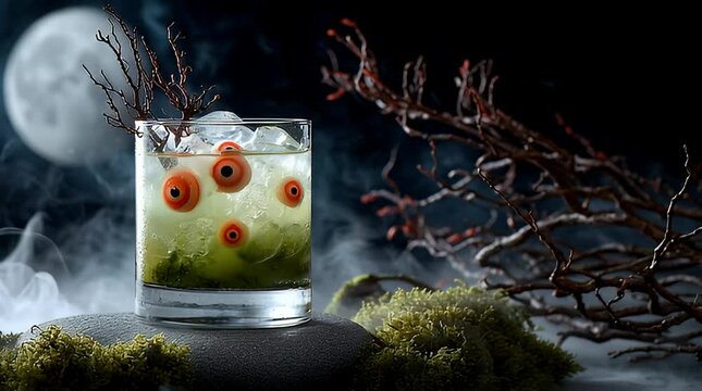 Mysterious green Halloween potion adorned with unsettling edible eyeballs and dry branches, set against a foggy, moonlit backdrop, creating a creepy festive mood