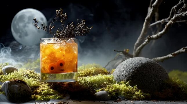 A spooky orange cocktail potion glowing on a mossy landscape under a full moon