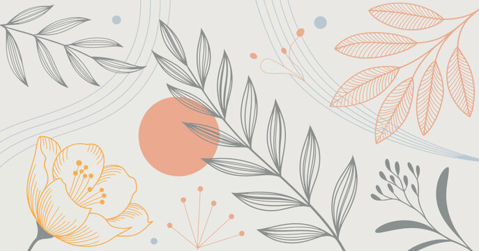 This image showcases a stylized botanical pattern that beautifully combines leaves and flowers with abstract elements, creating a serene and artistic representation of nature's elegance.