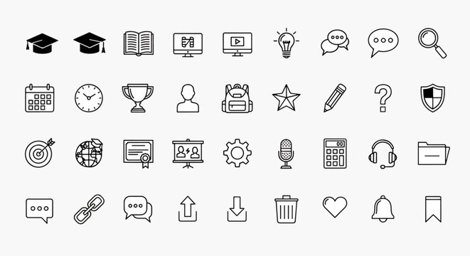 Collection of Outline Icons for Education, Business and Technology Concepts Representing Learning Tools and Digital Communication
