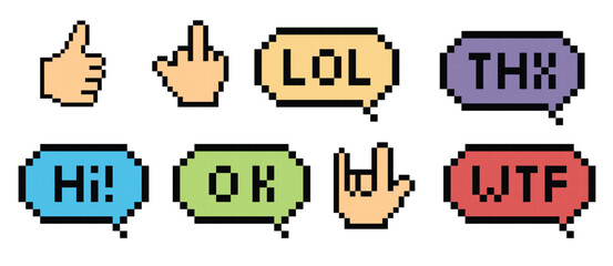 Pixel Speech Bubbles Words and hand sign, pixelated speech bubble set