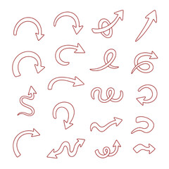 Thin Red Outline Arrow Set: Hand Drawn Style Curve and Swirl