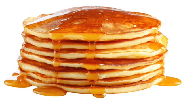 A tall stack of fluffy golden brown pancakes generously drizzled with sweet amber maple syrup