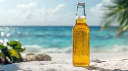 product studio photography of a tall skinny clear glass beer bottle of translucent yellow lager with subtle ice cold coindensation on a white background 