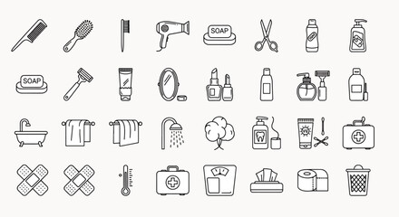 Collection of various bathroom and hygiene icons simple line art set vector graphics for web and design needs
