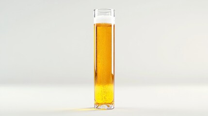 product studio photography of a tall skinny clear glass beer bottle of translucent yellow lager with subtle ice cold coindensation on a white background 