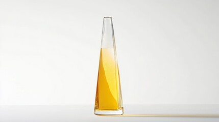 product studio photography of a tall skinny clear glass beer bottle of translucent yellow lager with subtle ice cold coindensation on a white background 