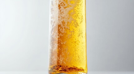 product studio photography of a tall skinny clear glass beer bottle of translucent yellow lager with subtle ice cold coindensation on a white background 