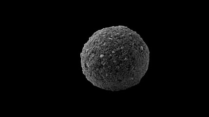 A textured spherical object with a rough granular surface appears against a deep black background