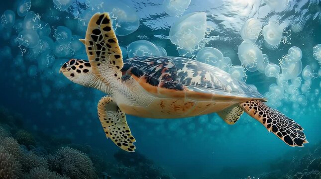 A majestic sea turtle gracefully navigates the clear blue depths, swimming alongside a captivating congregation of luminous jellyfish, exploring the vibrant coral reef below