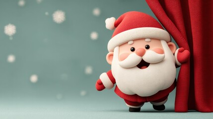 Fototapeta premium Cute Santa Claus peeking behind red curtain in snow