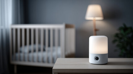 A table lamp with a built-in IP camera sits on a table, next to an empty crib in a modern bedroom at night, Smart Home, Childcare
