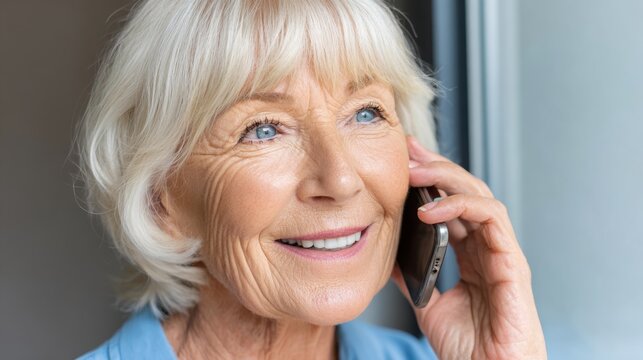 Senior woman makes phone call standing near window. Elderly woman in white t-shirt talks on phone. Lady stands with black smartphone in hand
