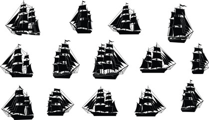 Illustration of silhouette of a threemasted sailing ship isolated on, a vintage vessel with sails billowing, evoking a sense of adventure and maritime history