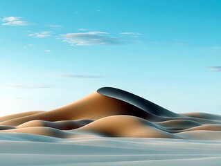 A vast desert landscape featuring undulating sand dunes under a bright, clear blue sky with scattered, soft clouds.