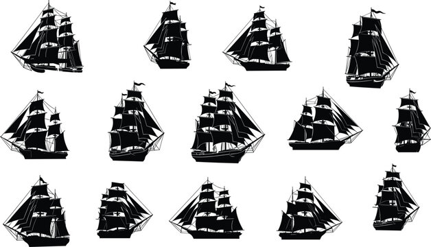 Illustration of silhouette of a threemasted sailing ship isolated on, a vintage vessel with sails billowing, evoking a sense of adventure and maritime history