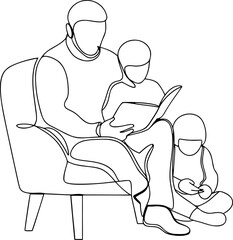Father reading book to his children continuous line