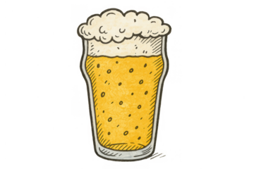 Pint glass of golden beer with foam, hand drawn sketch style, refreshing alcoholic drink, celebrating beverage, transparent background