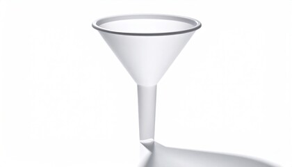 Glossy white plastic funnel, top rim detail, on white
