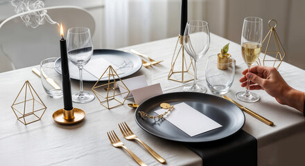  Scandinavian Minimalist Christmas Table Setting with Black Candles, White Napkins, and Gold Geometric Accents