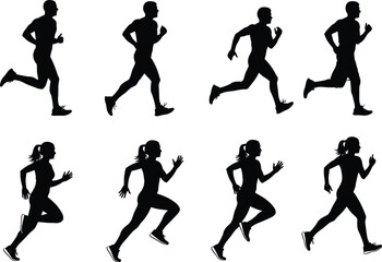 Silhouette runners collection, male and female running poses, athletic jogging illustrations, fitness workout vector set for sports, training, and health designs