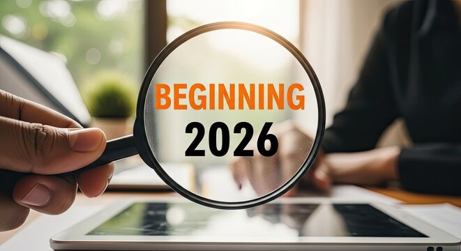 Focusing on beginning 2026 with magnifying glass on tablet